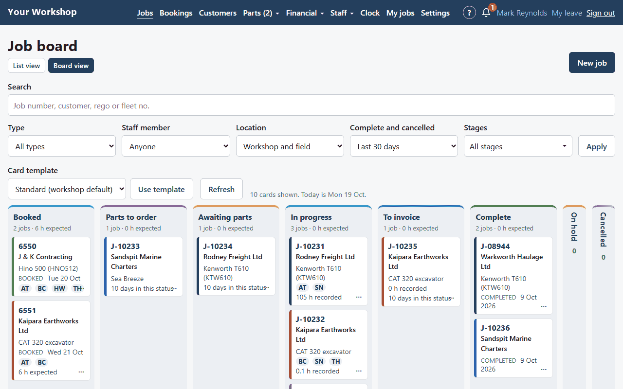 WSManager job board: workshop jobs in columns from Booked through Parts to order, In progress and To invoice, each card showing the customer, vehicle or machine and hours recorded