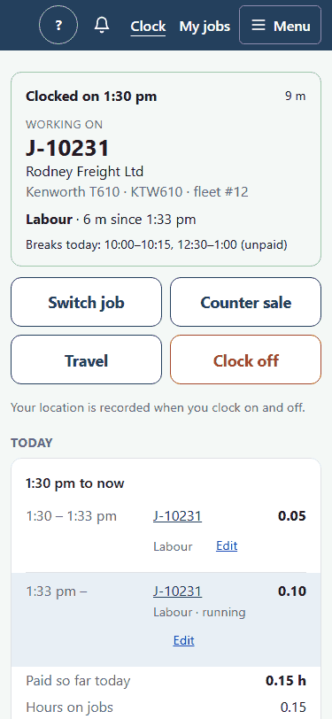 WSManager on a phone: clocked on to job J-10231 with Switch job, Travel and Clock off buttons and today's time entries.
